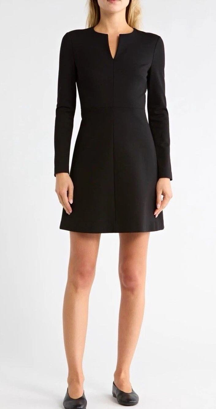 Theory Women’s Black A-Line Short Split Neck Long Sleeve Back Zip Dress 10
